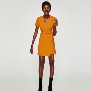 Zara Trafaluc Women’s Ribbed Mustard Yellow Wrap Mini Dress